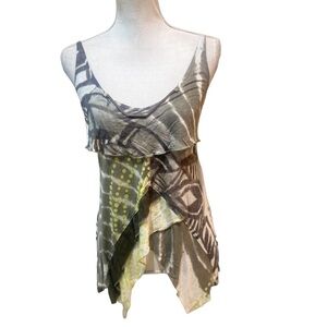 Caty Lesca Paris asymmetric hem multi print tank top white/ taupe size medium
